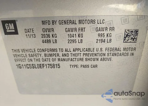 2014 Chevrolet Malibu 1Lt из США, поврежденный, VIN 1G11C5SL0EF175815